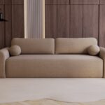 Couch Lusi mit Schlaffunktion und Bettkasten, Bouclé-Stoff Hellbraun