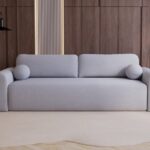 Couch Lusi mit Schlaffunktion und Bettkasten, Bouclé-Stoff Grau