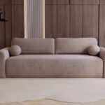 Couch Lusi mit Schlaffunktion und Bettkasten, Vena-Stoff Hellbraun