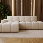 Ecksofa Este L links mit Schlaffunktion und Bettkasten, Bouclé-Stoff Creme