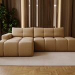 Ecksofa Este L links mit Schlaffunktion und Bettkasten, Bouclé-Stoff Hellbraun