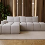 Ecksofa Este L links mit Schlaffunktion und Bettkasten, Bouclé-Stoff Grau